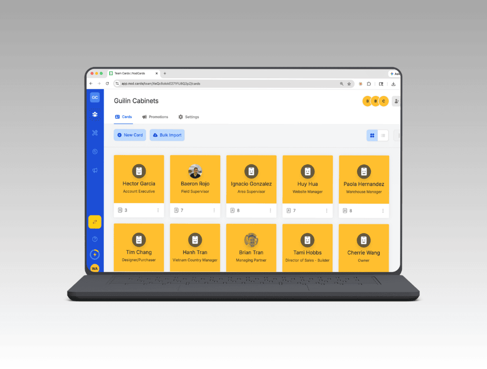 NodCards team management dashboard for construction companies